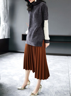 Hit Color Stitching Slit Knitted Sweater
