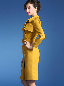 Yellow Lapel Belted Double-breasted Bodycon Dress
