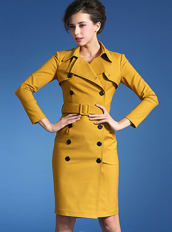 Yellow Lapel Belted Double-breasted Bodycon Dress