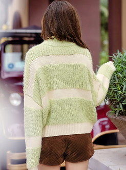 Striped Turtle Neck Hit Color Sweater