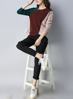 Color-blocked Slit Long Sleeve Knitted Sweater