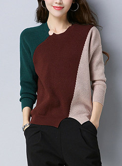 Color-blocked Slit Long Sleeve Knitted Sweater