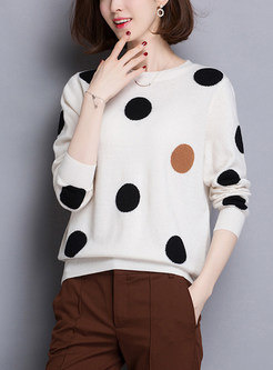 Dot Print Color-blocked O-neck Sweater
