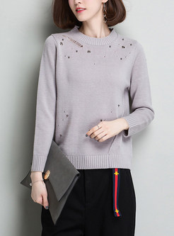 Nail Bead Hole O-neck Knitted Sweater