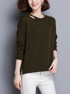 Stylish Hole Design Slit Asymmetric Sweater
