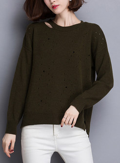 Stylish Hole Design Slit Asymmetric Sweater
