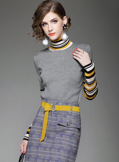 Grey Striped Turtle Neck Sweater