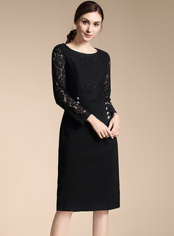 Black Buttoned Lace Bodycon Dress