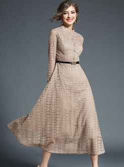 Elegant Lace Stand Collar Maxi Dress