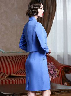 Blue Work Stand Collar Two-piece Outfits