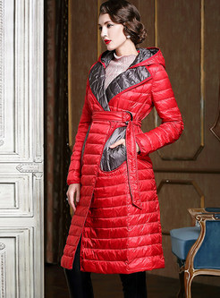 Stylish Slim Belted Hooded Down Coat