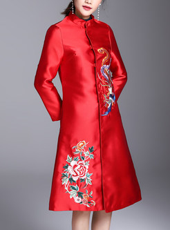 Embroidered Stand Collar A-line Coat