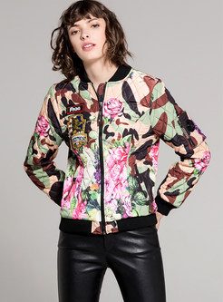 Floral Print Stand Collar Thicken Jacket