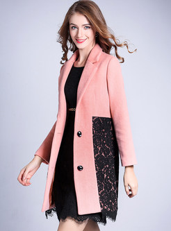 Pink Lace Splicing Turn Down Collar Woolen Coat
