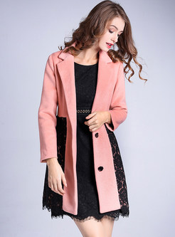 Pink Lace Splicing Turn Down Collar Woolen Coat