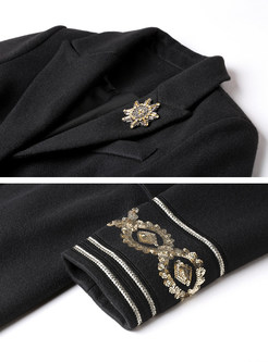 Black Slim Belted Embroidered Woolen Coat