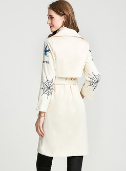 Turn Down Collar Belted Embroidered Trench Coat