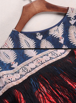 Vintage Silk Tassel Patched Print Shift Dress