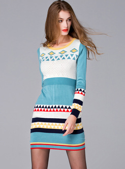 Ethnic Geometric Color-blocked Knitted Dress