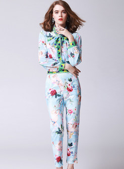 Floral Print Turn Down Collar Two-piece Outfits