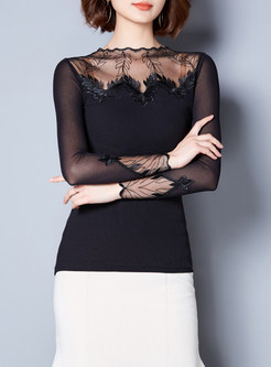 Hollow Out Mesh Splicing Long Sleeve Top
