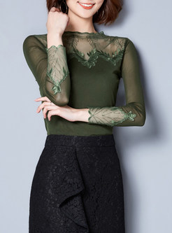 Hollow Out Mesh Splicing Long Sleeve Top