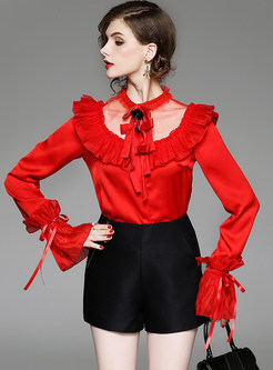 Sexy Perspective Lotus Leaf Collar Bowknot Blouse
