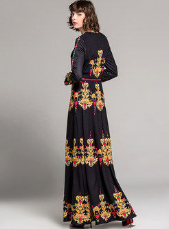Vintage Floral Print Belted Big Hem Maxi Dress