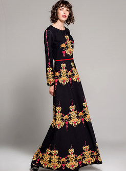 Vintage Floral Print Belted Big Hem Maxi Dress