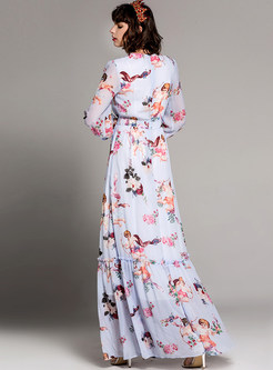 Vintage Floral Print Long Sleeve Maxi Dress