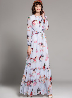 Vintage Floral Print Long Sleeve Maxi Dress