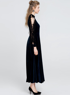 Blue Tied Lace Perspective Slim Maxi Dress
