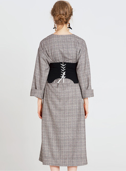Vintage V-neck Split Plaid A-line Dress