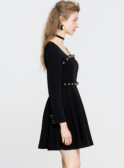 Black Square Neck Rivet A-line Dress