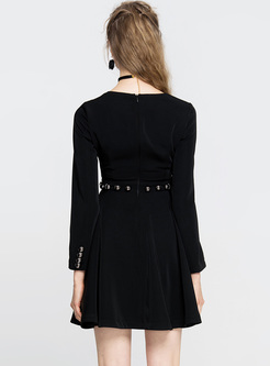 Black Square Neck Rivet A-line Dress
