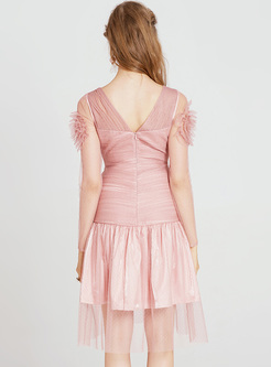 Pink V-neck Asymmetric Hem Perspective A-line Dress