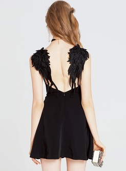 Black Sexy Wings-patched Mini A-line Dress