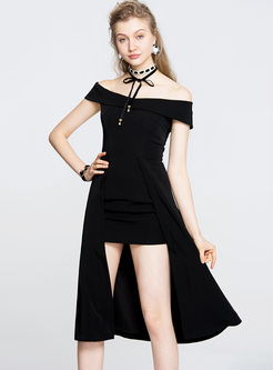 Black Slash Neck Asymmetric Hem A-line Dress