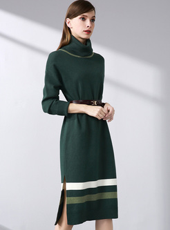 Chic Color-blocked High Neck Knitted Dress