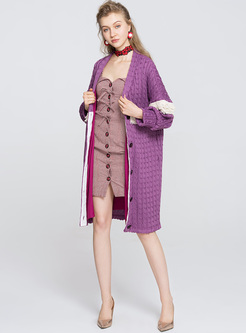 Purple Lantern Sleeve Tassel Sweater Coat