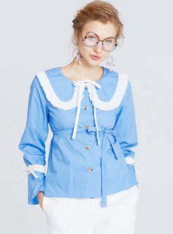 Blue Color-blocked Tied Flare Sleeve Blouse