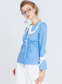 Blue Color-blocked Tied Flare Sleeve Blouse