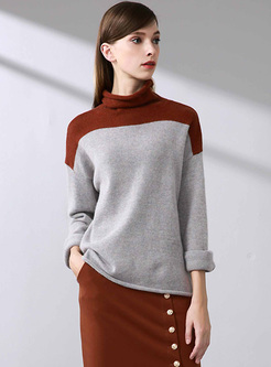 Brief Color-blocked High Neck Loose Sweater
