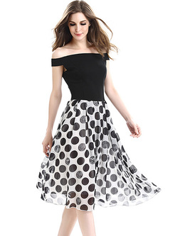 Elegant Dot Print Slash Neck A-line Dress