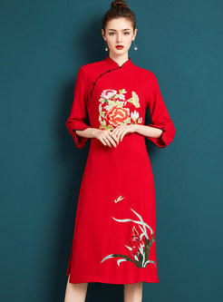 Ethnic Floral Print Improved Cheongsam Skater Dress