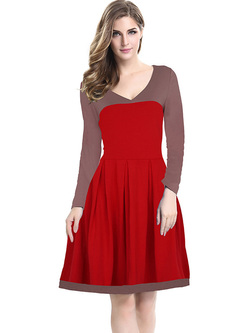 Street V-neck Color-blocked A-line Dress