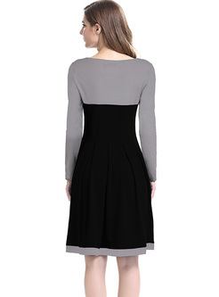 Street V-neck Color-blocked A-line Dress