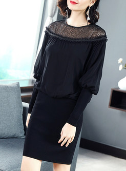 Black Lace Splicing Knitted Dress