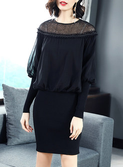 Black Lace Splicing Knitted Dress