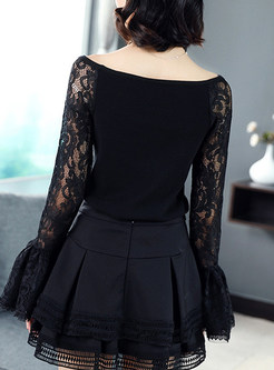 Black Lace Hollow Out Splicing Knitted Top